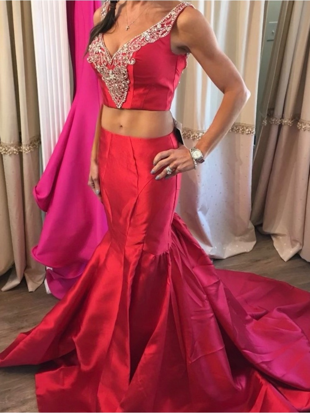 Rachel Allen two-piece formal pageant gown in Red with silver size 0/00